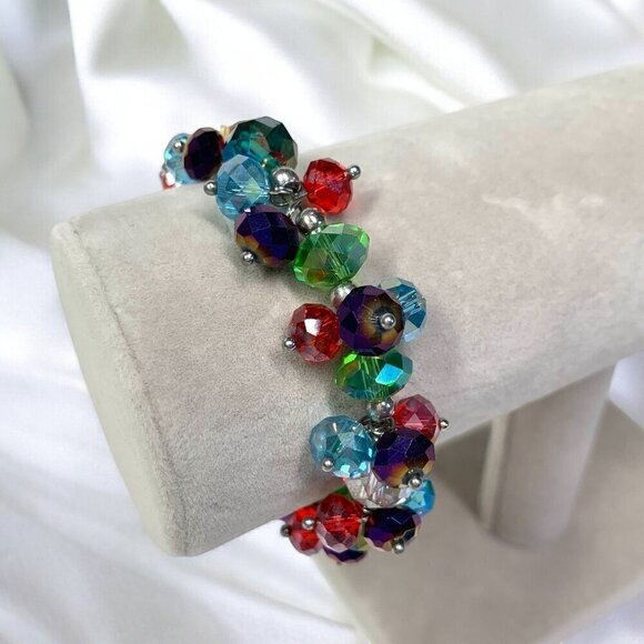 Festive Beaded Bracelet Blue Red Clear Pink Purple Stretch To Fit - Picture 2 of 3